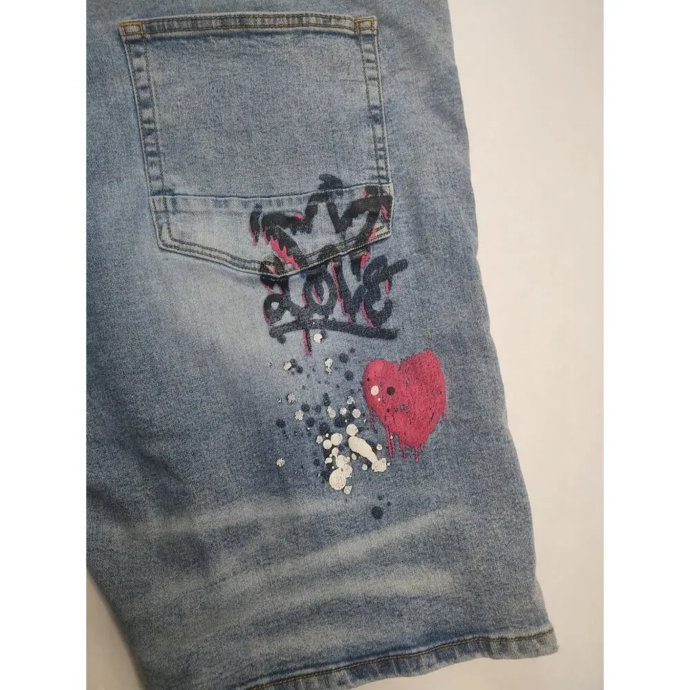 🔥 Rutherford • Distressed Graffiti Denim Slim Fit Blue Jeans Shorts • Men’s 38
